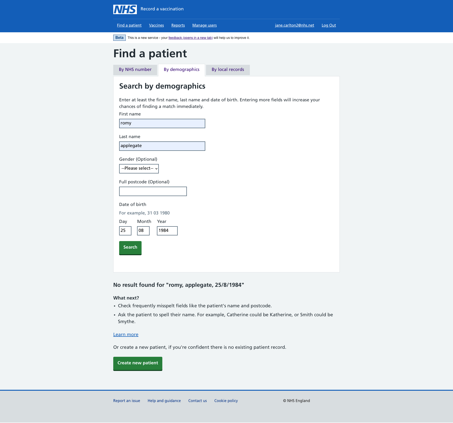 Screen showing a user a create a new patient button after they have searched and not found a patient by their demographics