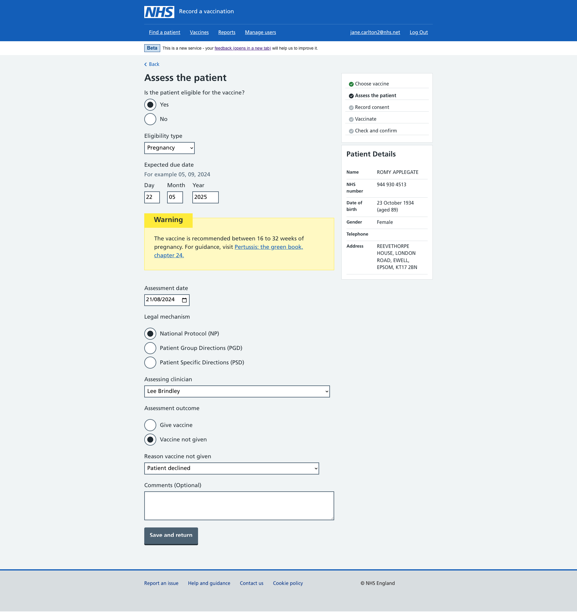 Screen showing a user a button to save and exit a patient’s record when they have chosen not to give them a vaccine