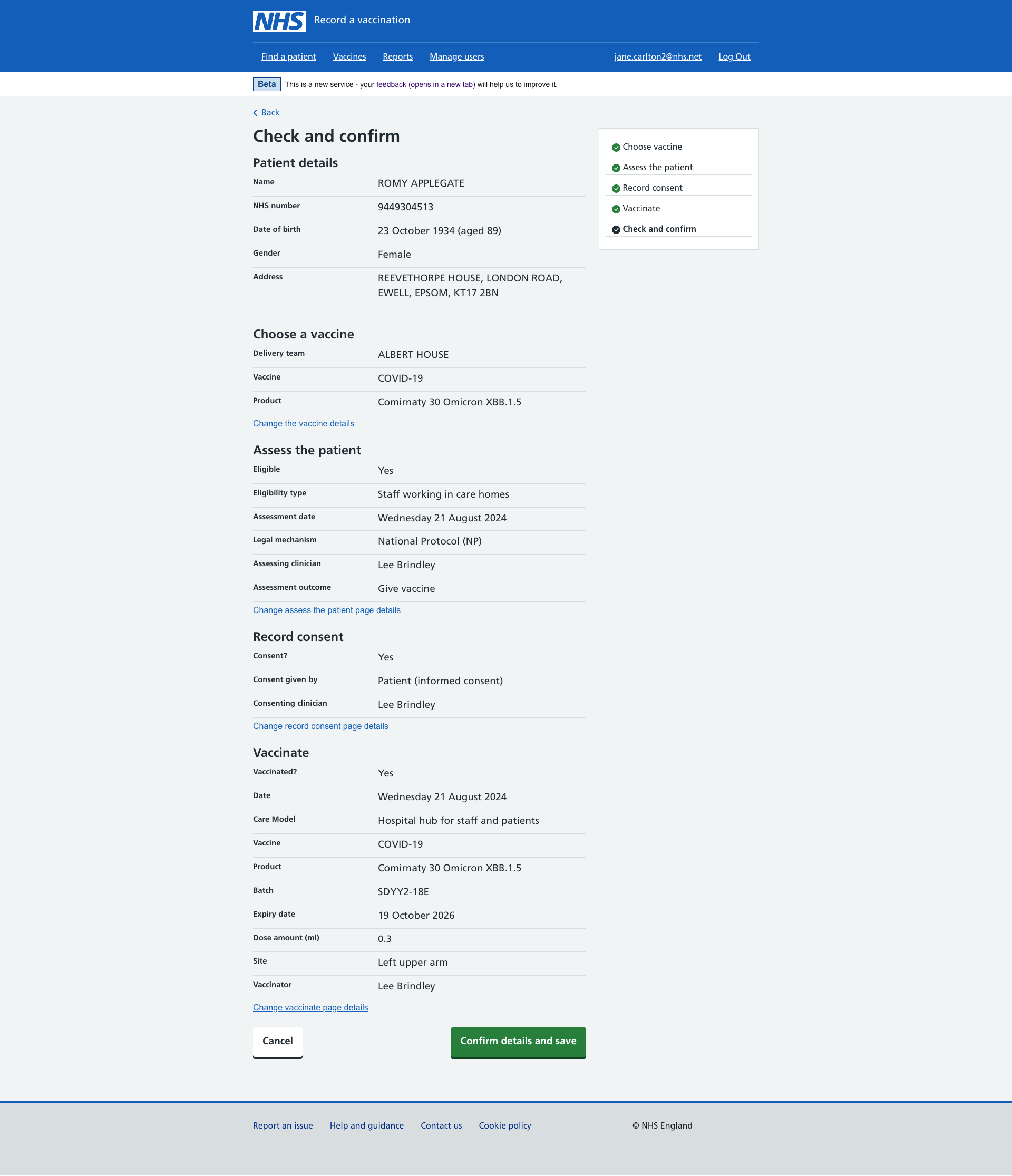 Screen showing the user a list of the vaccination details they have recorded and can and cannot edit before submitting