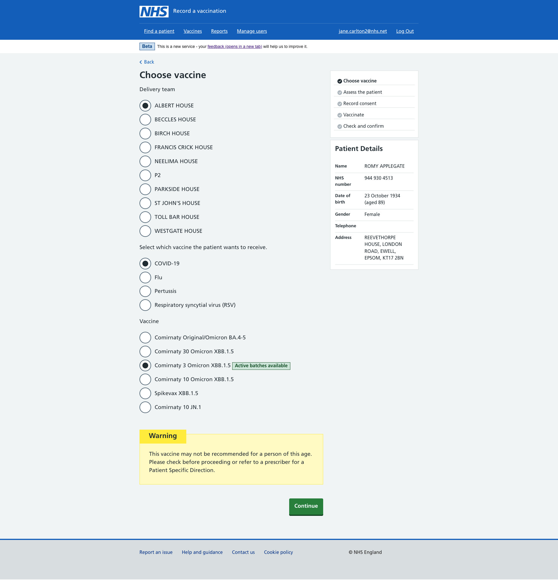 Screen showing a user a warning stating the patient may not have reached the minimal interval between doses for the vaccine they have selected