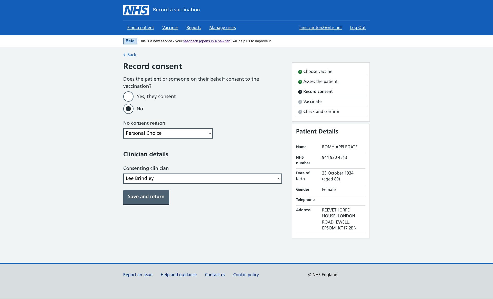 Screen showing a user a button to save and exit a patient's record when the patient declines consent