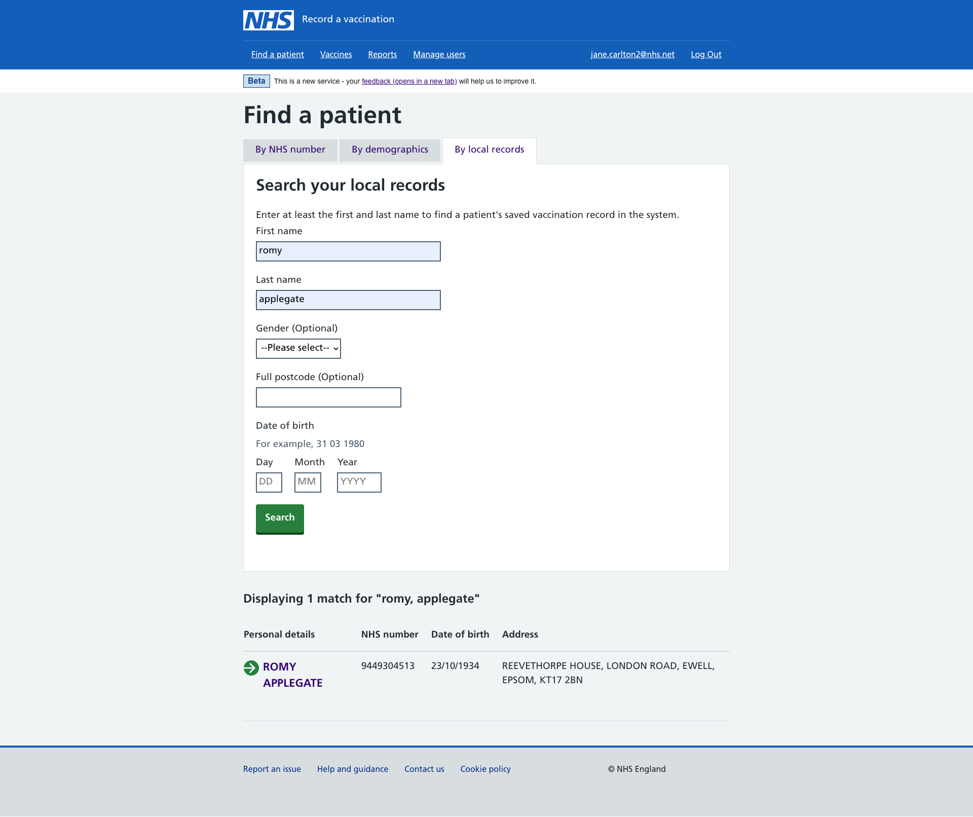 Screen showing a user searching for a patient in local records entering the required information