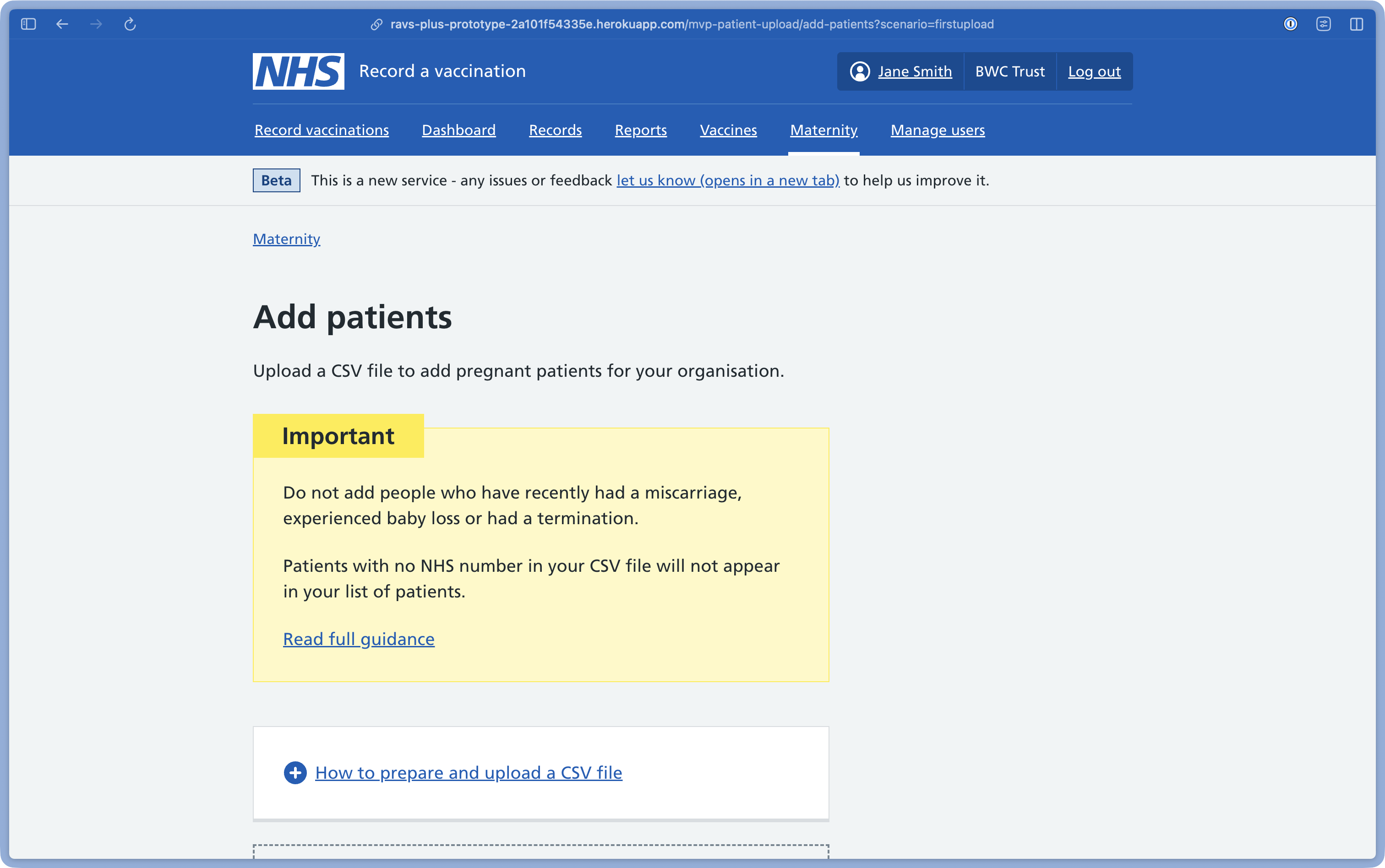 Screen showing the user the ability to select and upload a file