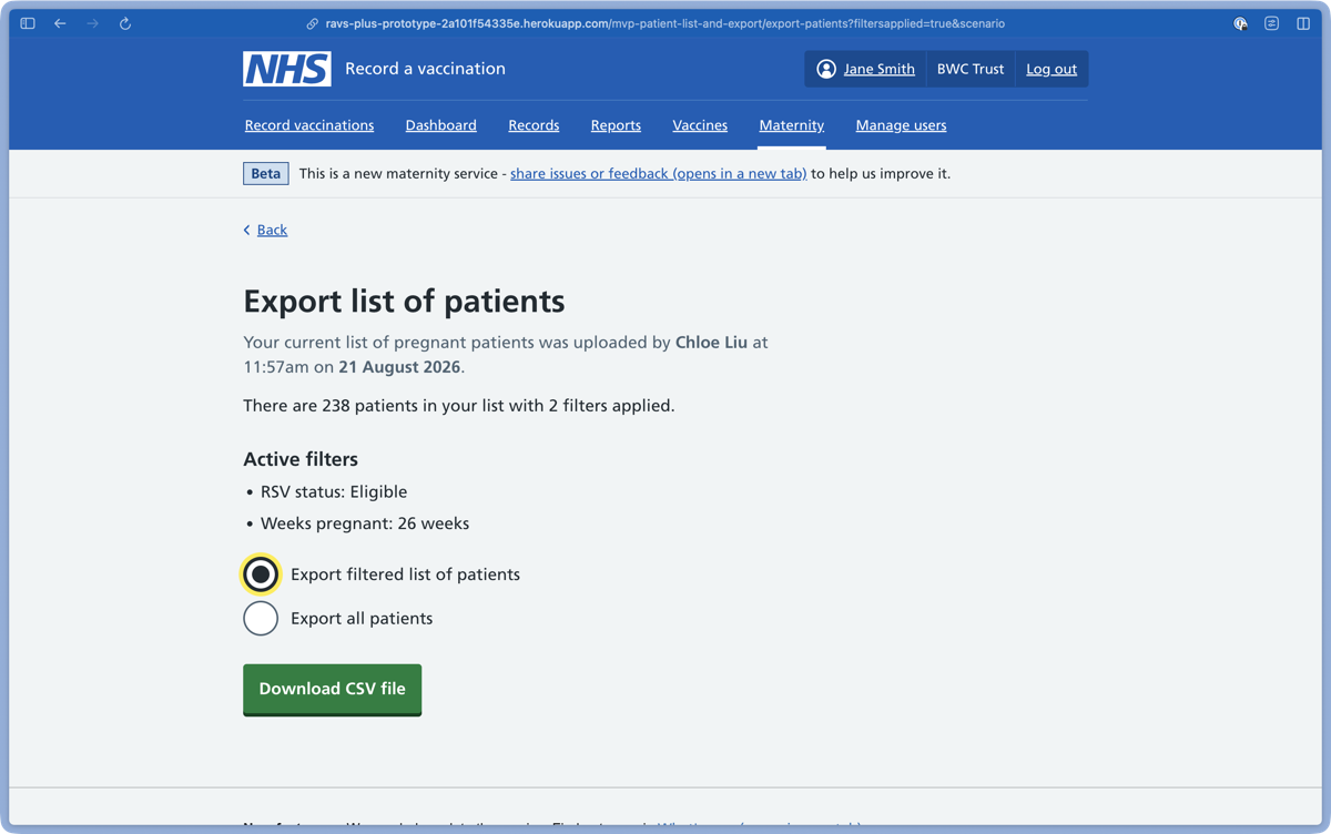 Screen that shows option to export a full or filtered list of patients