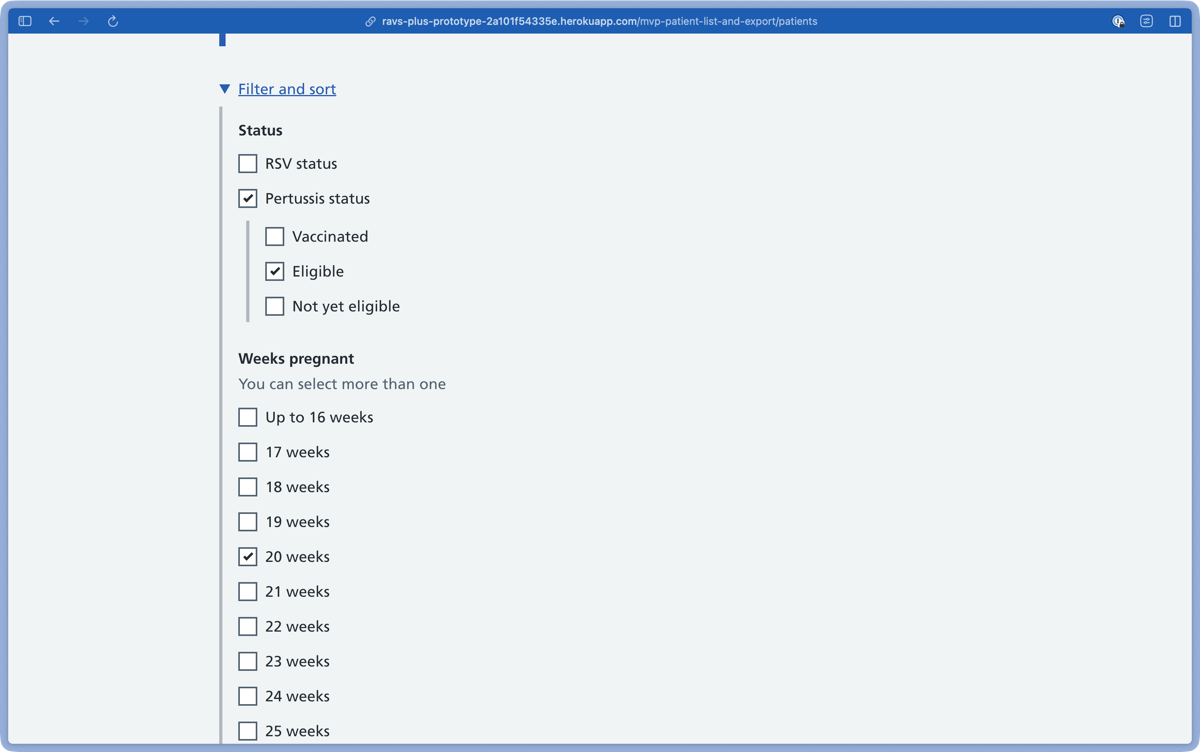 Screen that shows two filters being applied to a list of patients