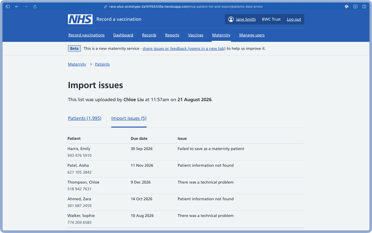 Screen that shows a list of patients who have issues with their information