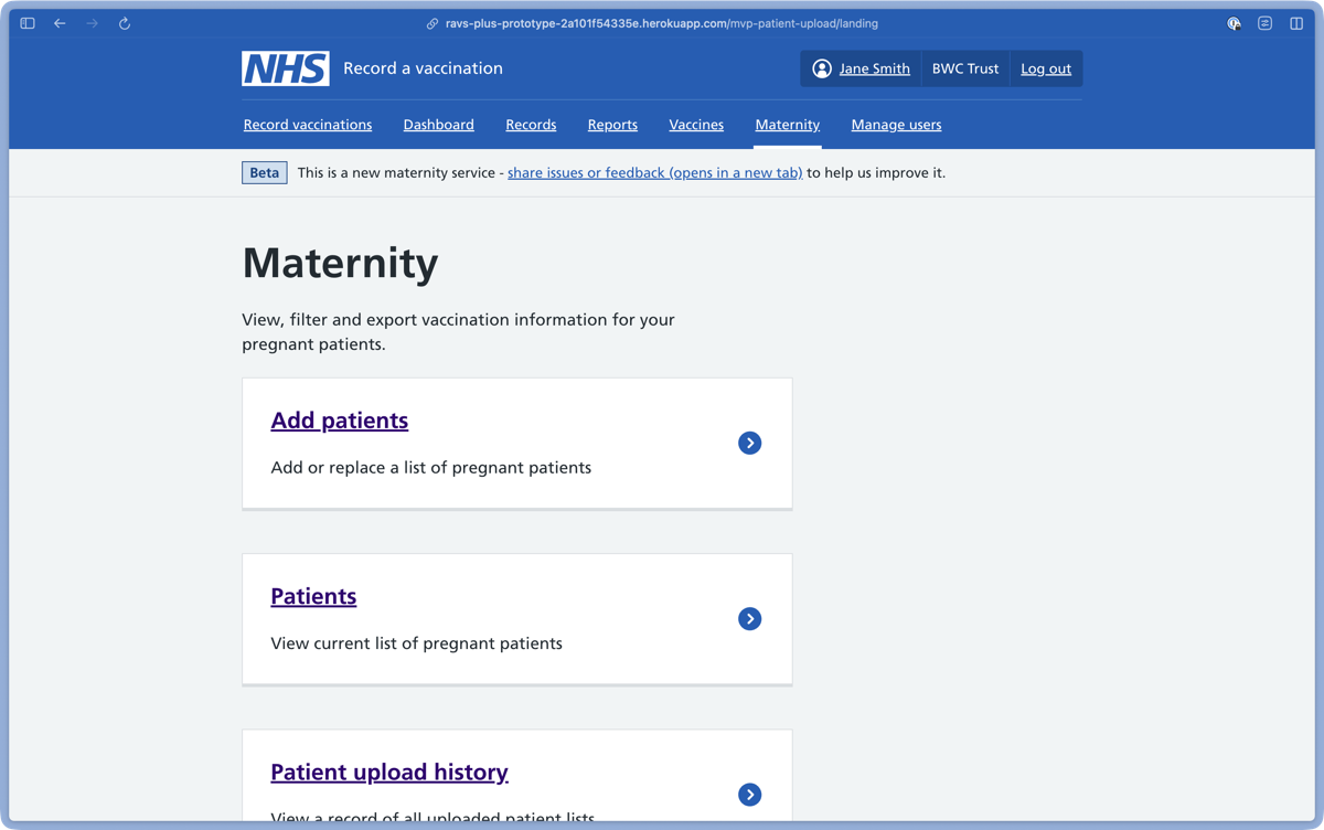 Screen that shows the landing page for the maternity area of RAVS