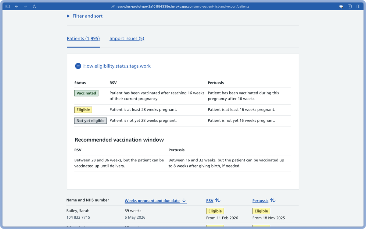 Screen that shows a table where each status tag is defined