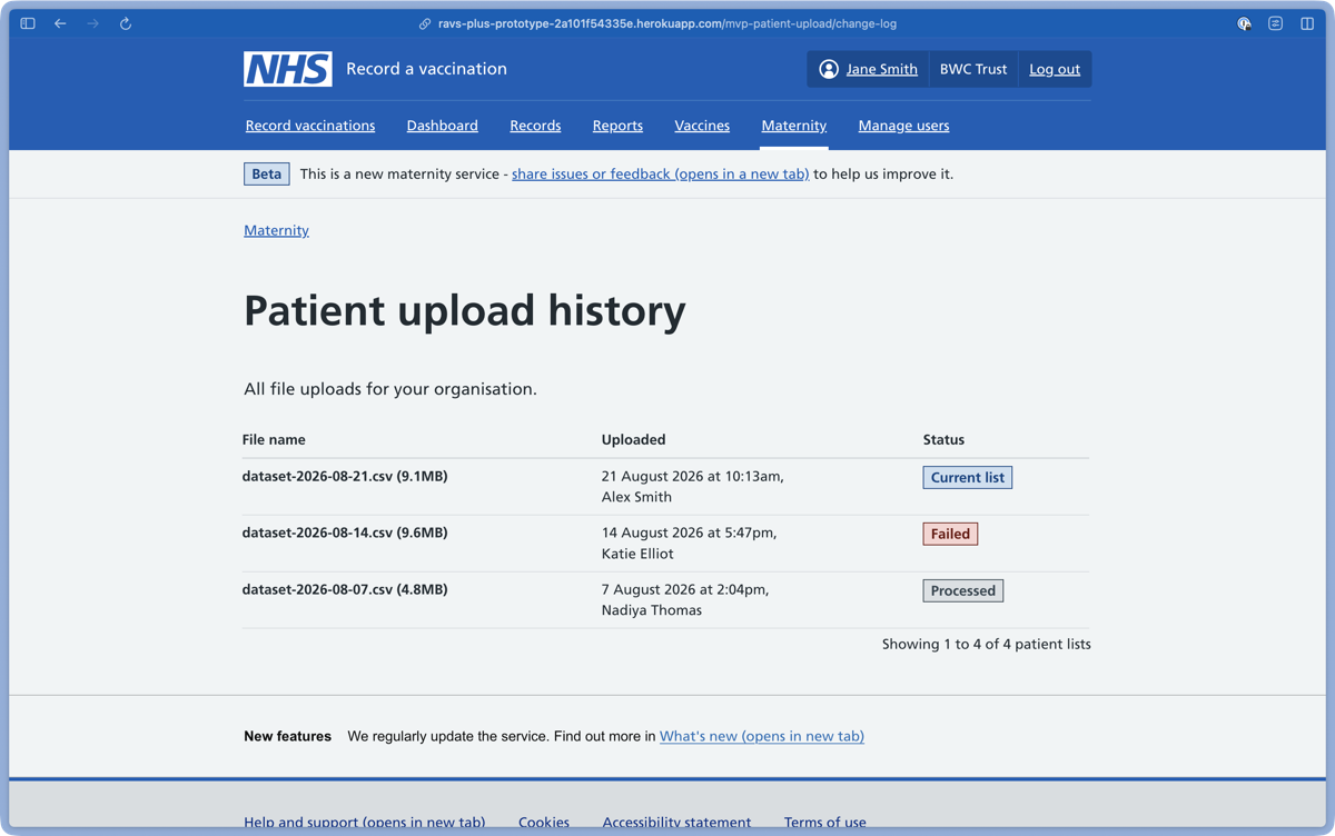 Screen that shows a list of previous file uploads and each file's status tag