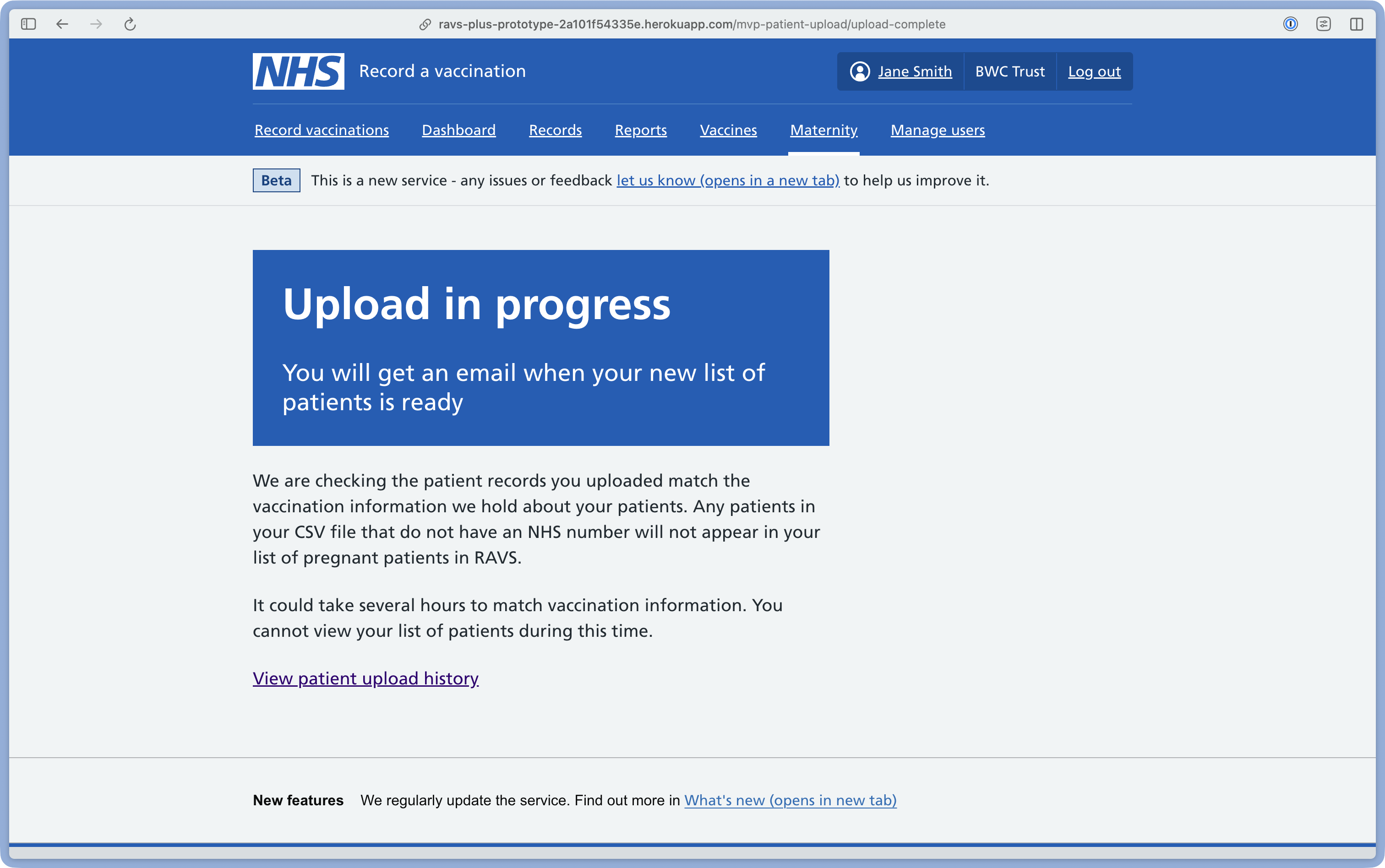 Screen that confirms the file is uploading and the user will receive an email