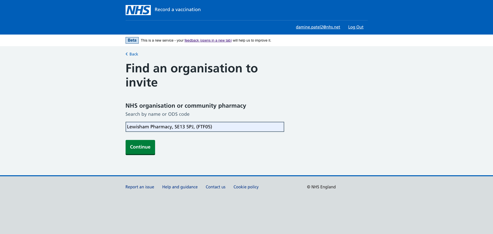 Screen showing the user has searched and selected an organisation