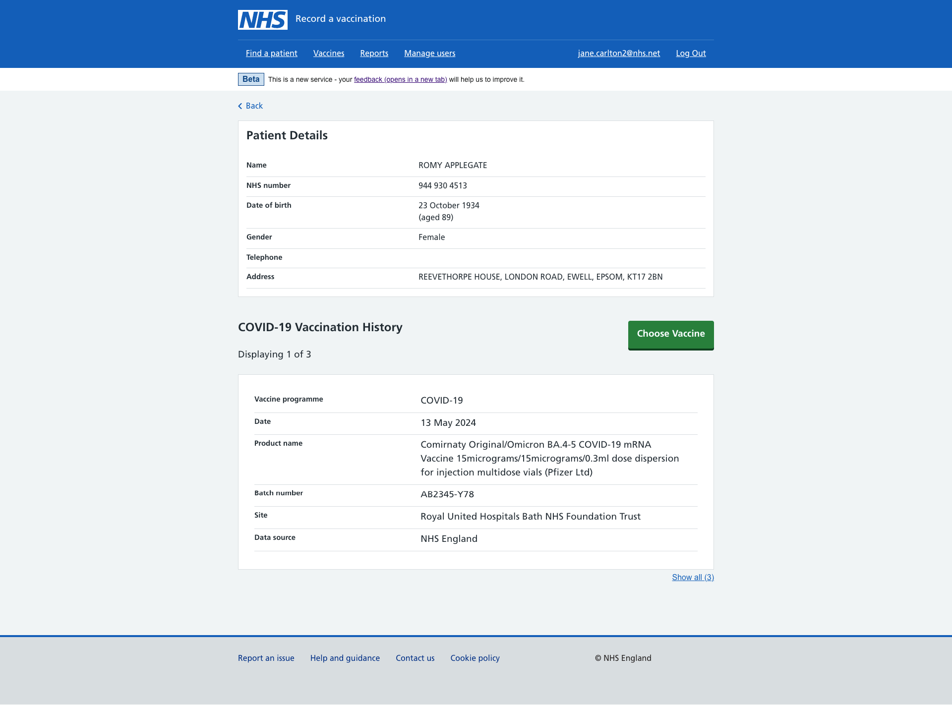 Screen showing a user the patient’s details and vaccination history