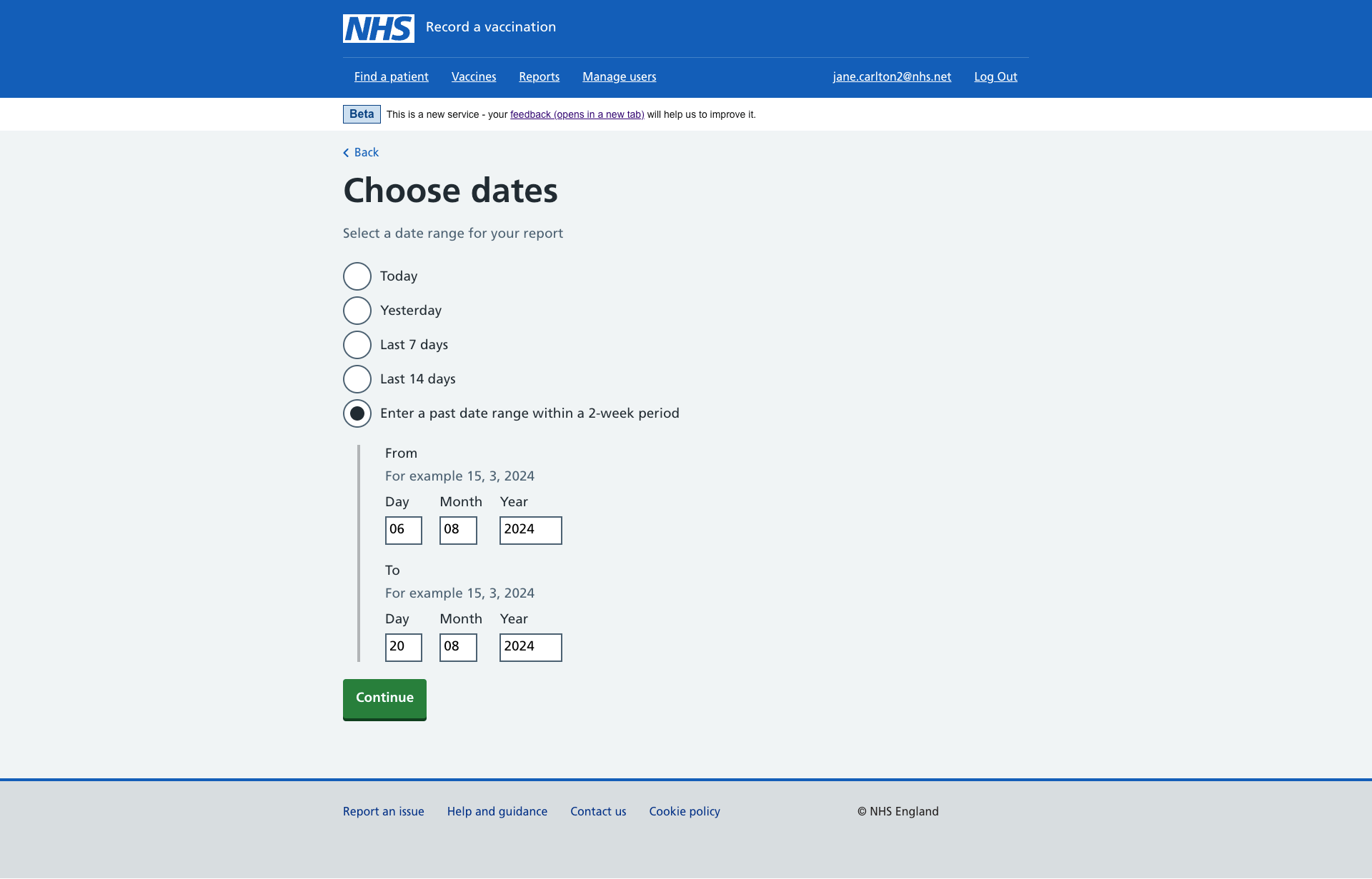 Screen showing a user selecting a custom date range