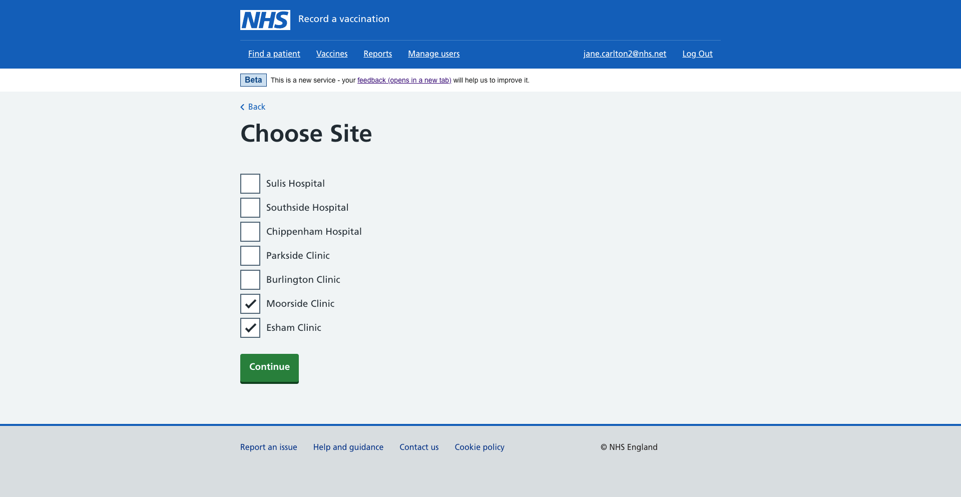 Screen showing a user selecting a site