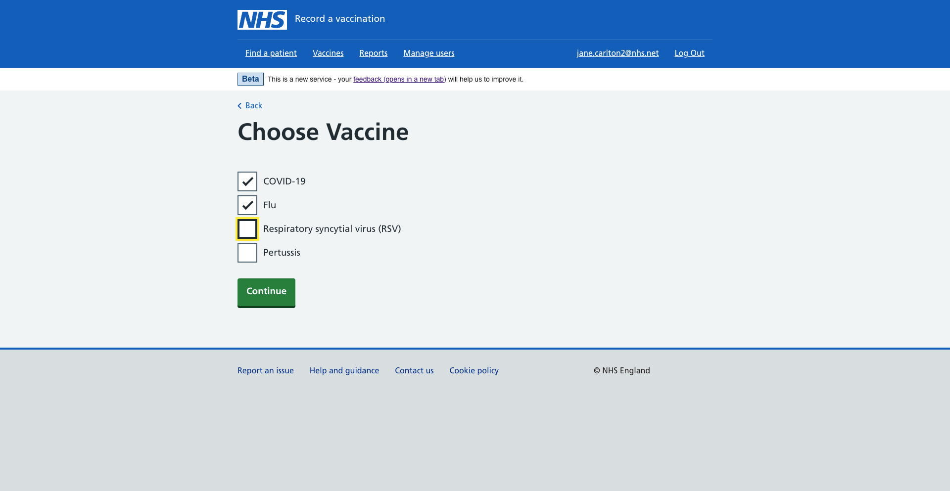 Screen showing a user selecting a vaccine