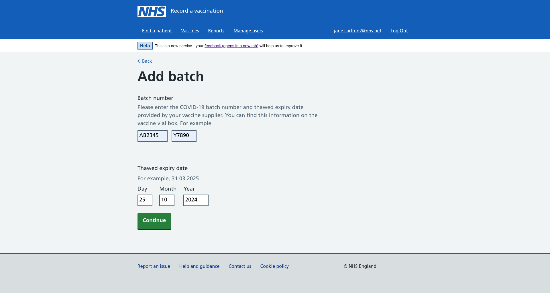 Screen shows user entering a COVID-19 batch number and thawed expiry date