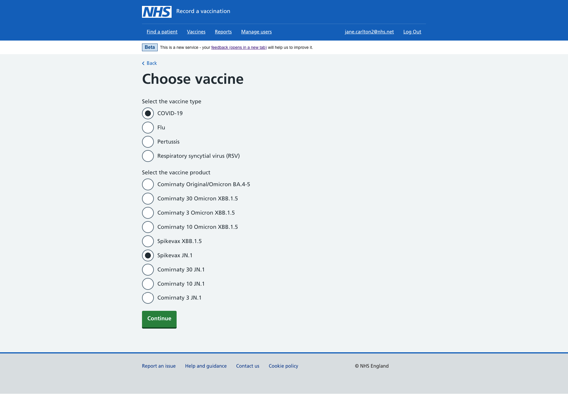 Screen shows user selecting the vaccine type and vaccine product