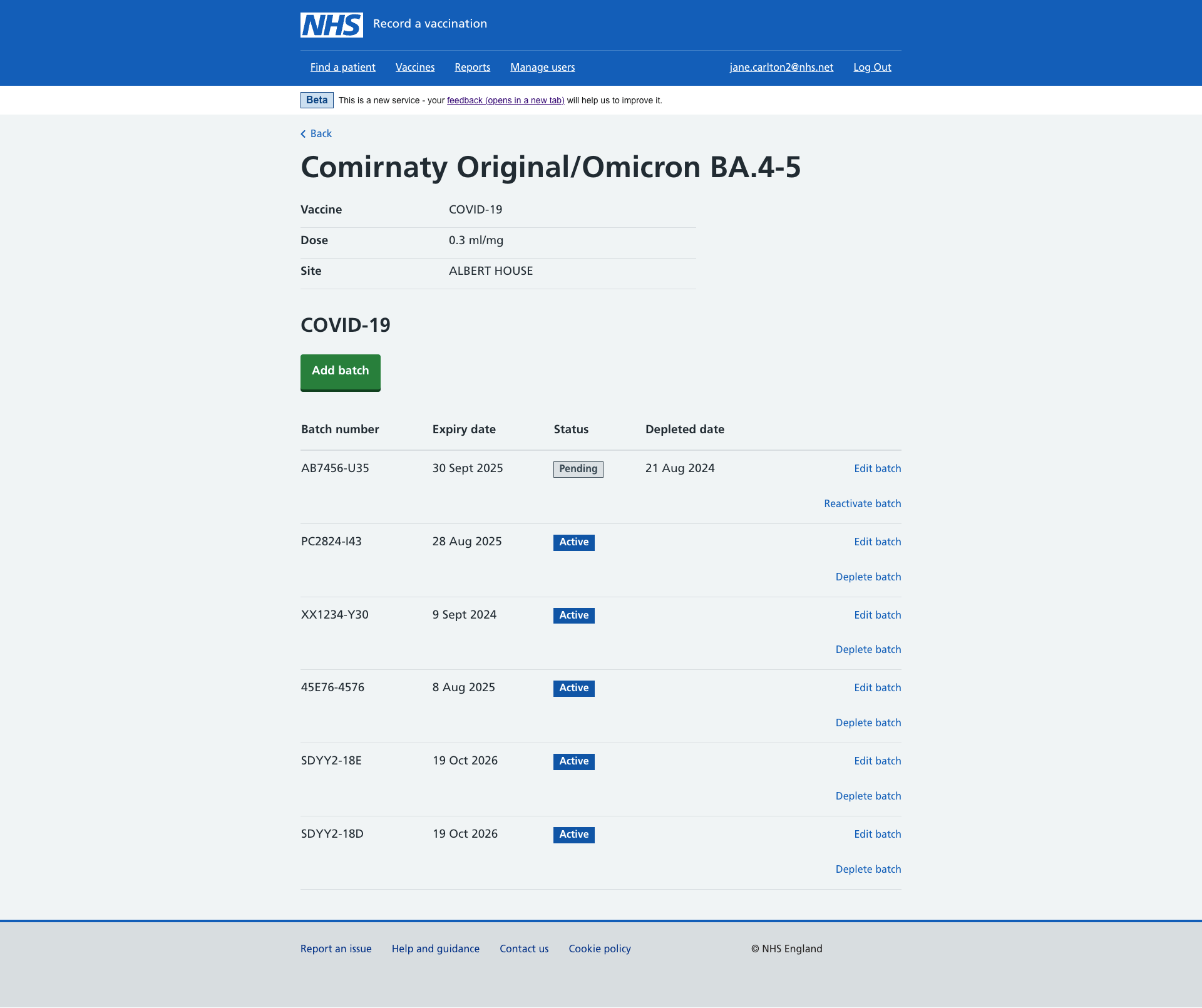 Screen shows the user pending and active vaccine batches